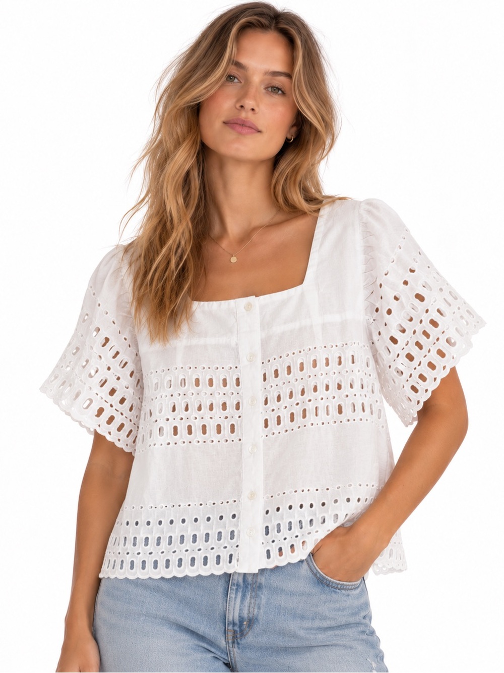 Calypso St. Barth White Eyelet Square-Neck Button Top